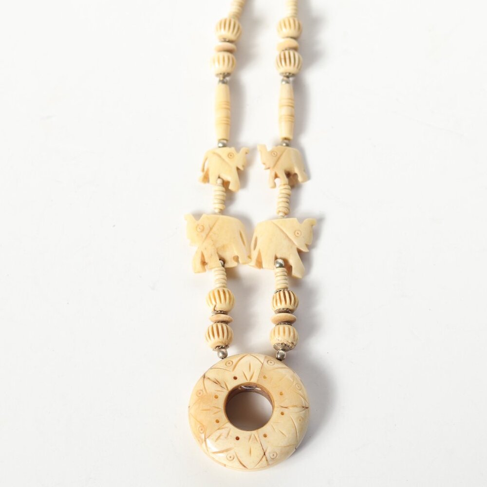 South African Xhosa Vintage Hand Carved Bone Elephants Statement Necklace Boho